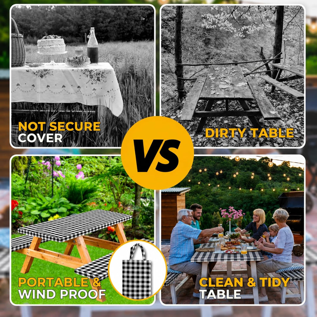Vinyl Fitted Picnic Table Cover with Bench Covers & Bag 6ft Black Checkered | Rnoony Outdoor Waterproof, Windproof Tablecloth with Elastic Edges. Camping RV Gear Campers Must Have 72x30 Inches