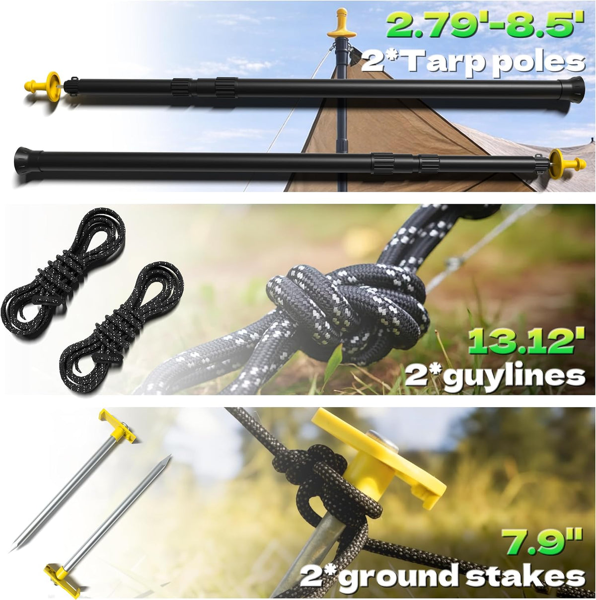 KJE 2 Pack Adjustable Heavy-Duty Tarp Poles, Camping Tent Poles Set with Ground Stakes & Guylines & Yellow Protection Caps, Aluminum Telescoping Pole(2.79ft to 8.5ft) for Outdoor Tarp Use