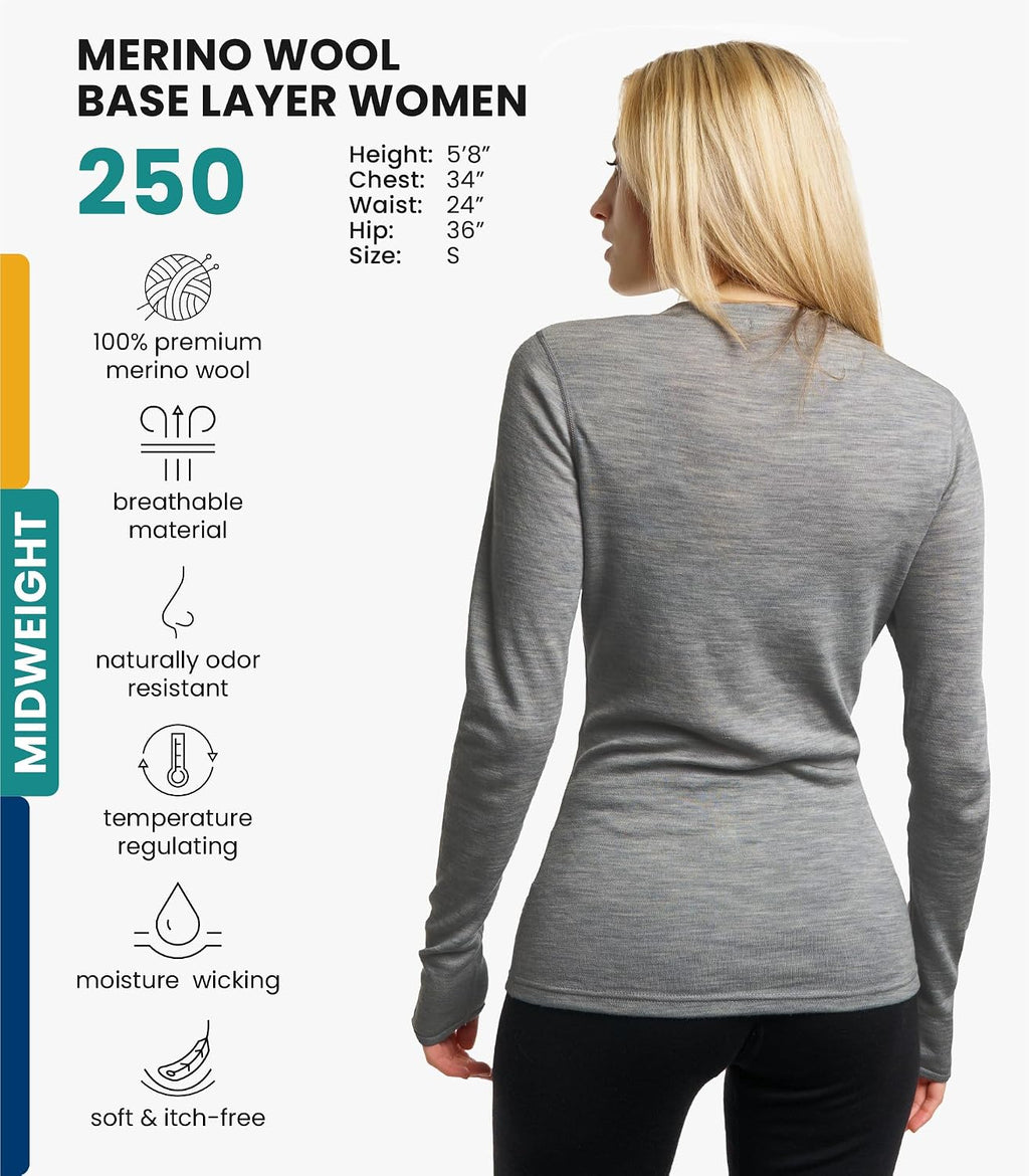 100% Merino Wool Base Layer Women - Long Sleeve Thermal Shirt with Socks