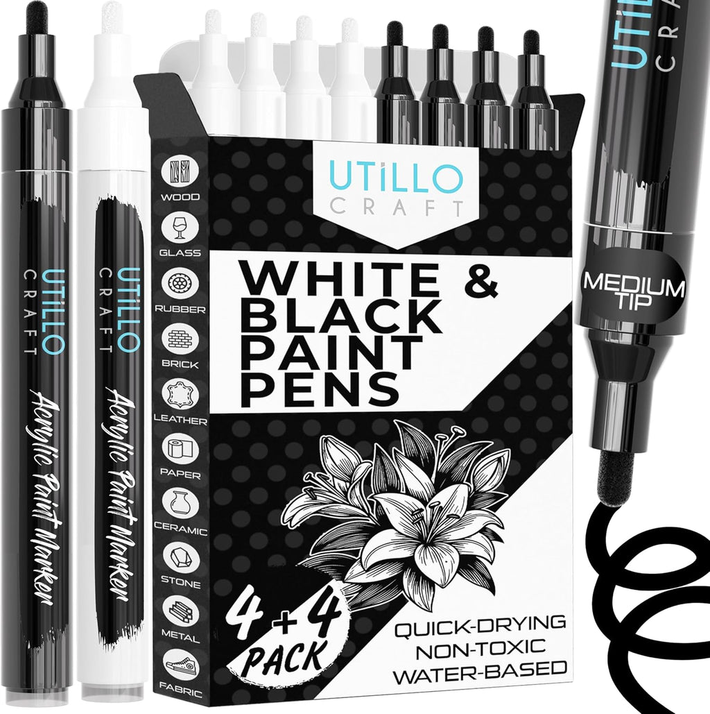 Utillo Craft Black and White Paint Pens (8-Pack), 0.7mm Extra Fine Markers