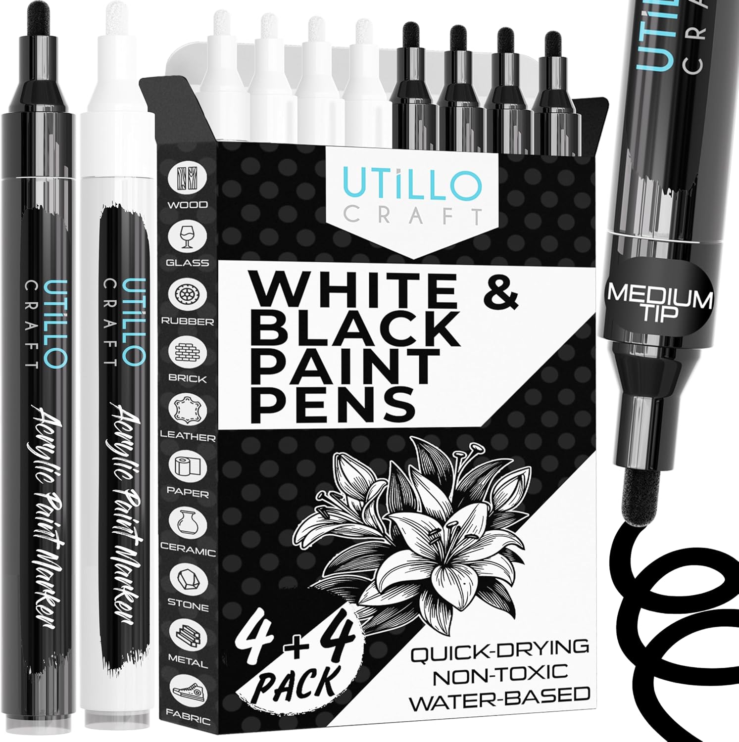 Utillo Craft Black and White Paint Pens (8-Pack), 0.7mm Extra Fine Markers