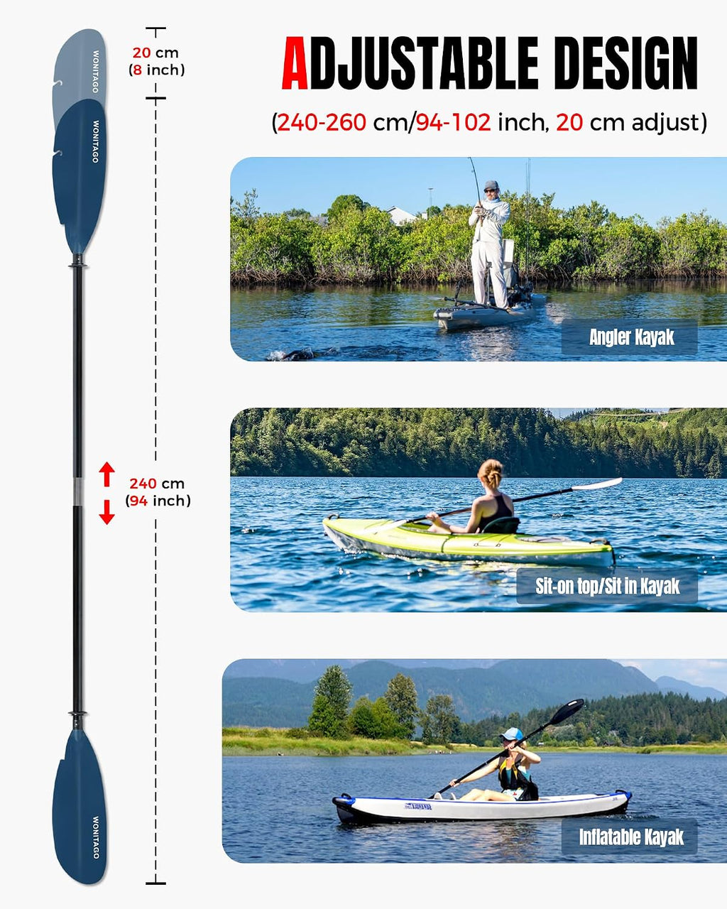 Angler Kayak Paddle, Adjustable Fiberglass Fishing Kayak Oar