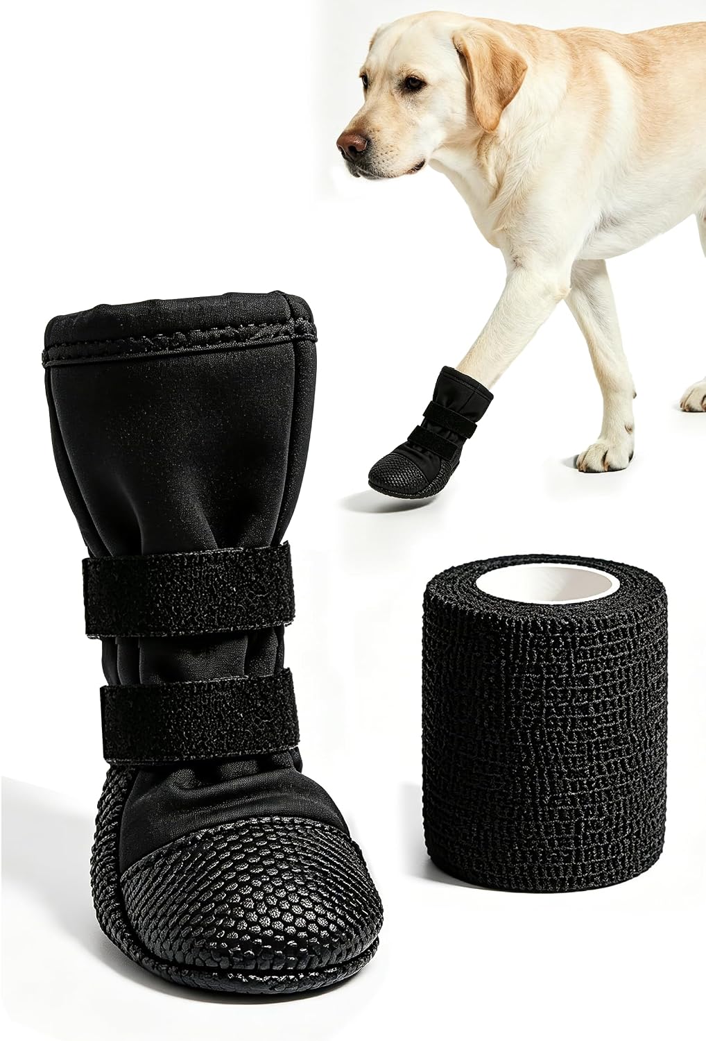 Dog Paw Wound Recovery Boot with Self-Adhering Pet Bandage, Breathable Paw Protector Kit for Injured Paws,Anti-Slip Shoe & Vet Wrap for Post-Surgery Care, Licking Prevention (1 Boot+1 Roll) S