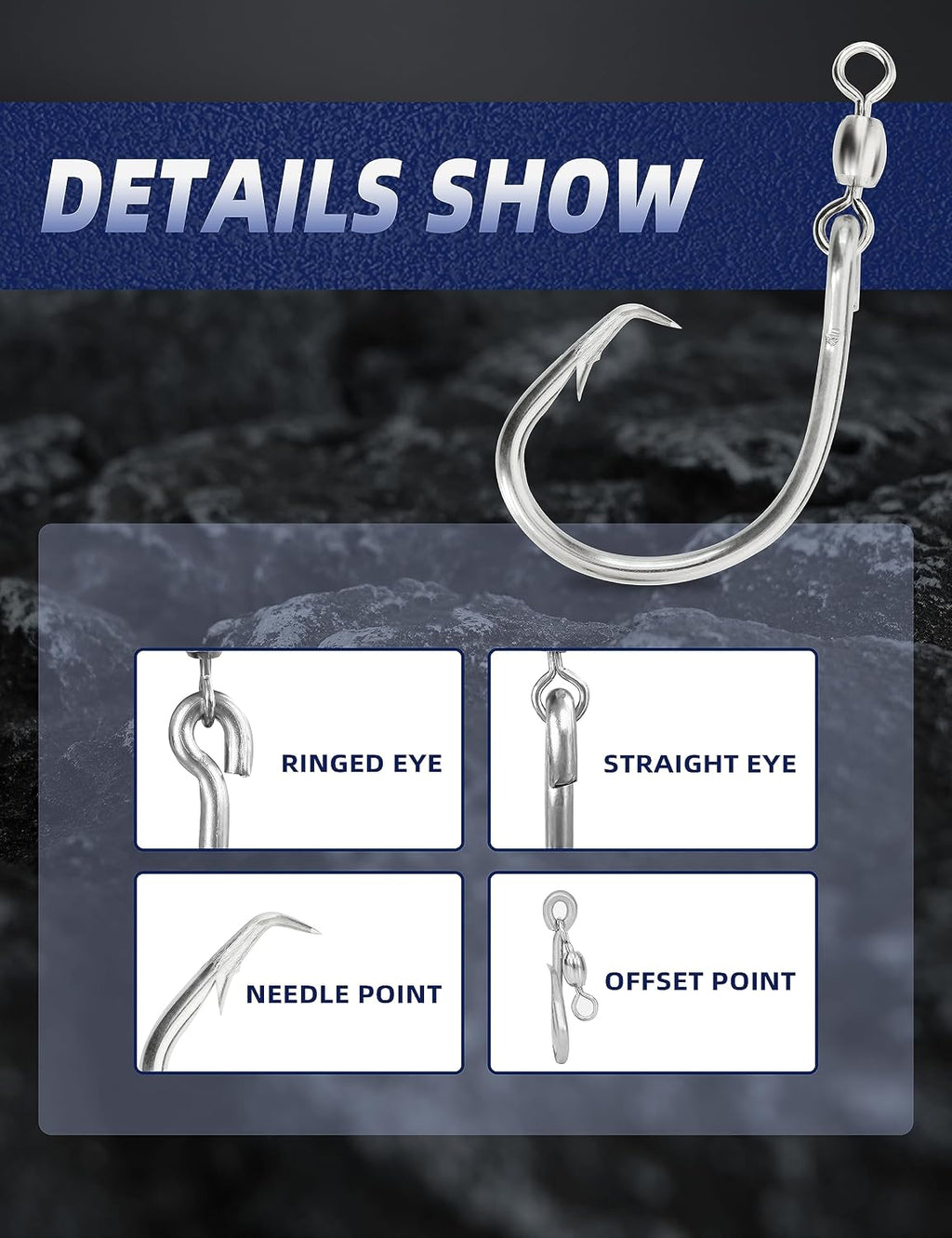BLUEWING Offset Circle Hook with Swivel Stainless Steel 5pcs/10pcs Extra Sharp for Freshwater Saltwater Big Game Fishing