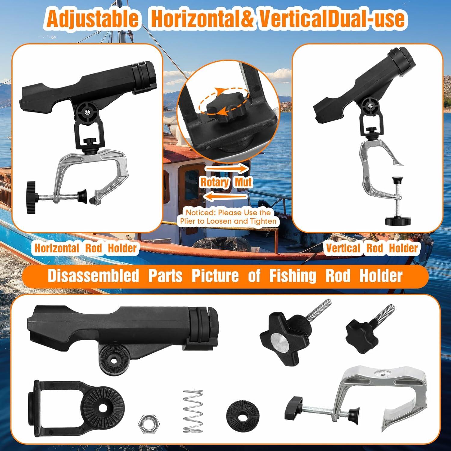 Liliful 6 Pack Fishing Boat Rod Holder 360 Degree Adjustable with Large Clamp Boat Rod Bracket Folding Fishing Pole Holders for Kayak Canoe Raft