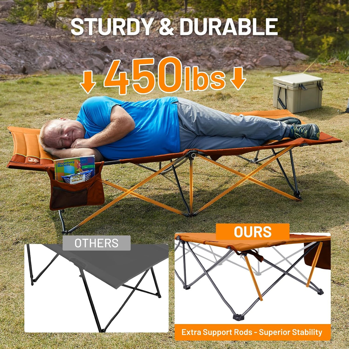 Timber Ridge Extra Wide Heavy Duty Camping Cot for Adult, Easy Set Up Oversized Sleeping Cot with Carry Bag for Camping, Travel and Outdoors, Support up to 450lbs, Orange, 2 Pack