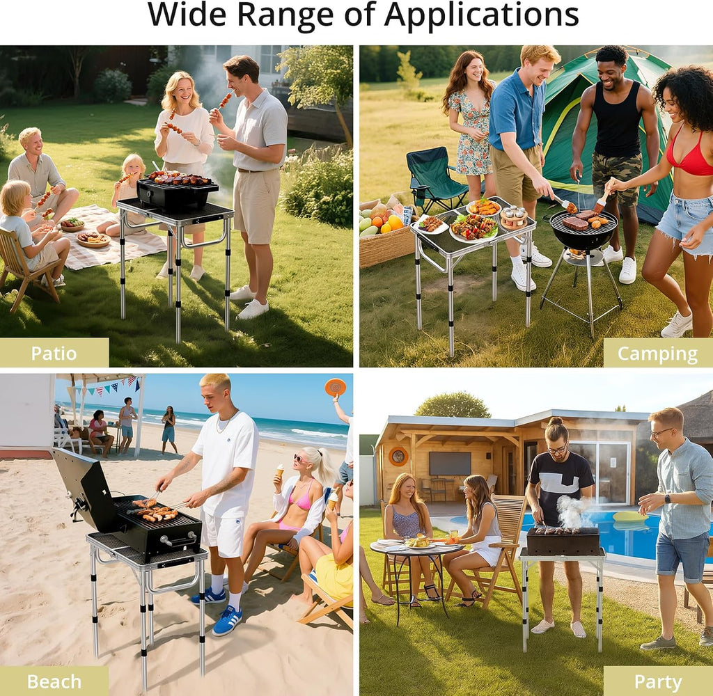 Anbte 2ft Folding Grill Table, Adjustable Height Max 27.5" Aluminum Camping Table, Heat-Resistant Tabletop, Lightweight, Portable Handle for Travel Cooking BBQ Picnic, 22.8" x 16", Silver