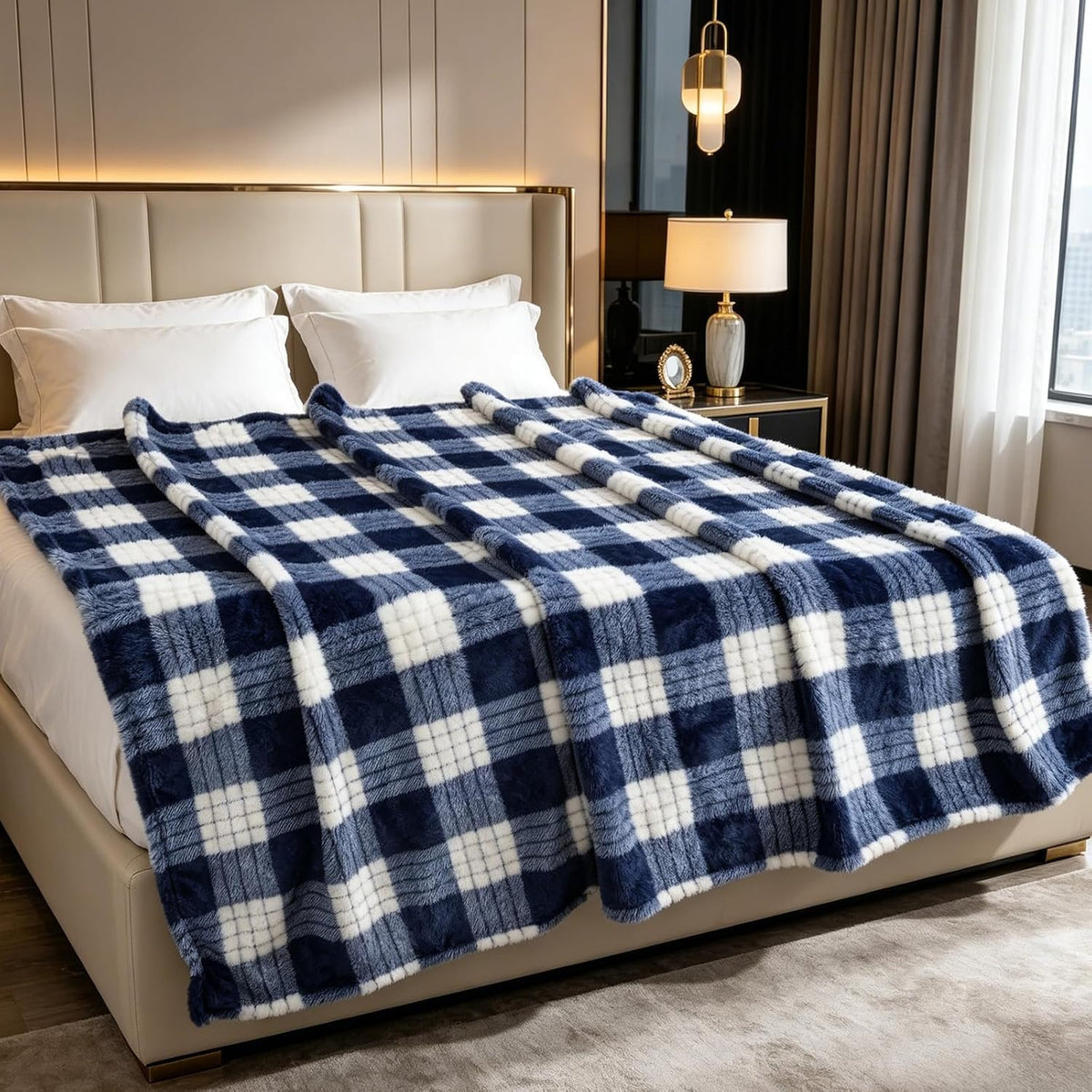 Flannel Fleece Plaid Throw Blanket with Checkerboard Grid Pattern for Bed Couch Large Soft Blanket Winter Warm Lightweight Throw(Dark Blue,50x60 Inch)