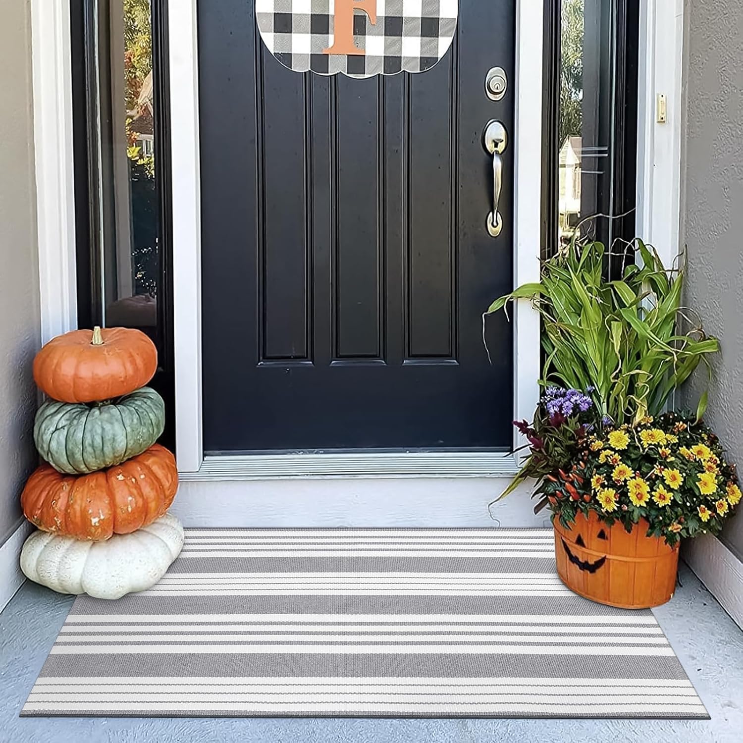 OJIA Front Door Rug 24"x51" Gray and White Striped Outdoor Rug Porch Decor