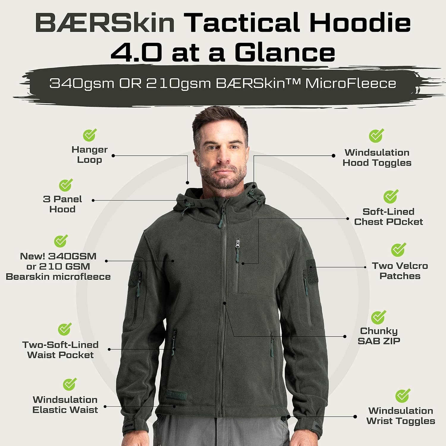 BAERSkin Tactical Hoodie Jacket for Men 4.0 - Military Style Fleece Sweater for Cold, Rain, Wind or Snow