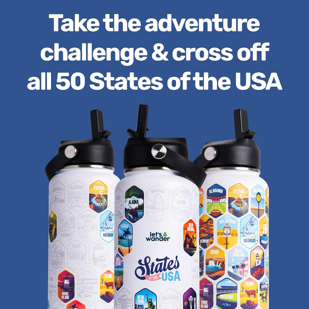 LET'S WANDER Lets Wander 50 States Water Bottle with Waterproof Stickers - 32oz Leakproof Insulated Stainless Steel with Straw - States of the USA Gift Bottle (White)