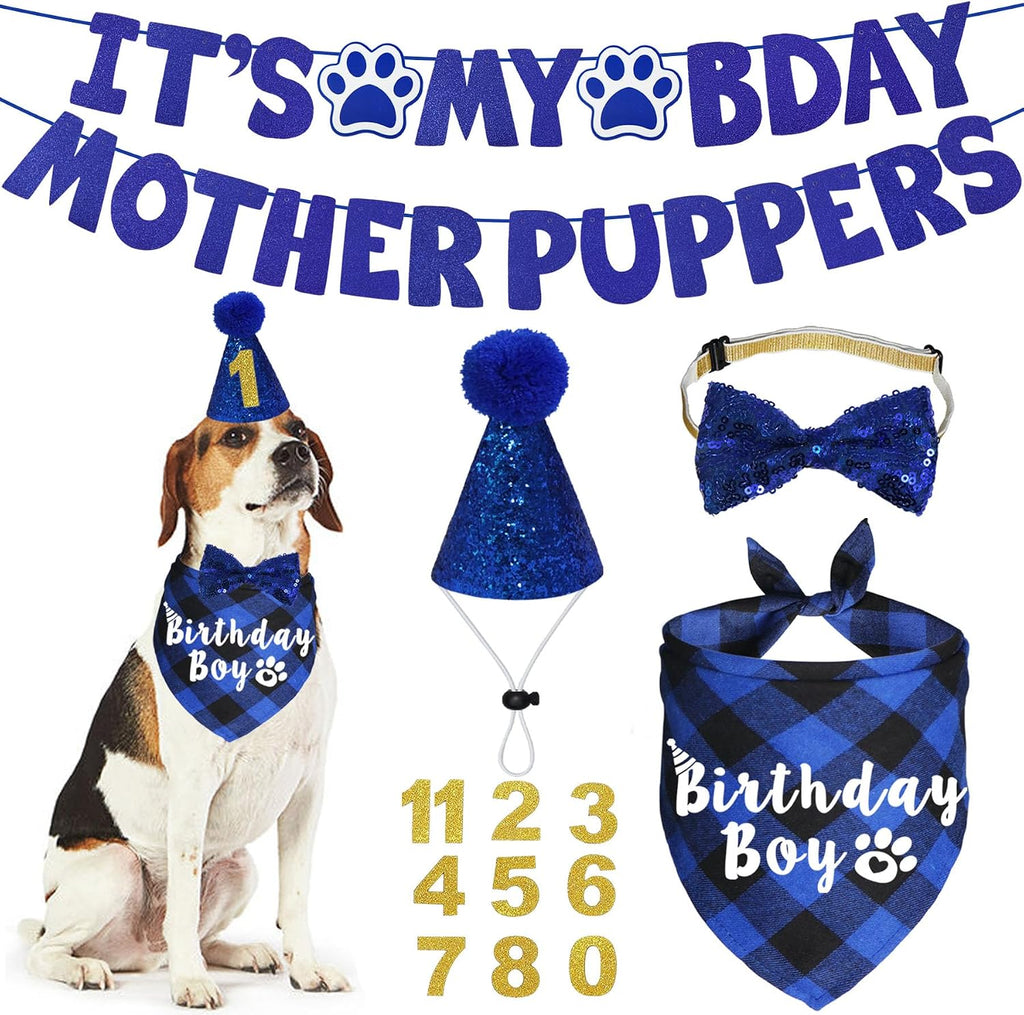 Dog Birthday Party Supplies, Multi Sizes Dog Birthday Hat with Numbers Bandana Bow Tie It’s My Bday Mother Puppers Sign Banner for Large X-Large Dogs Pets (X-Large, Blue)