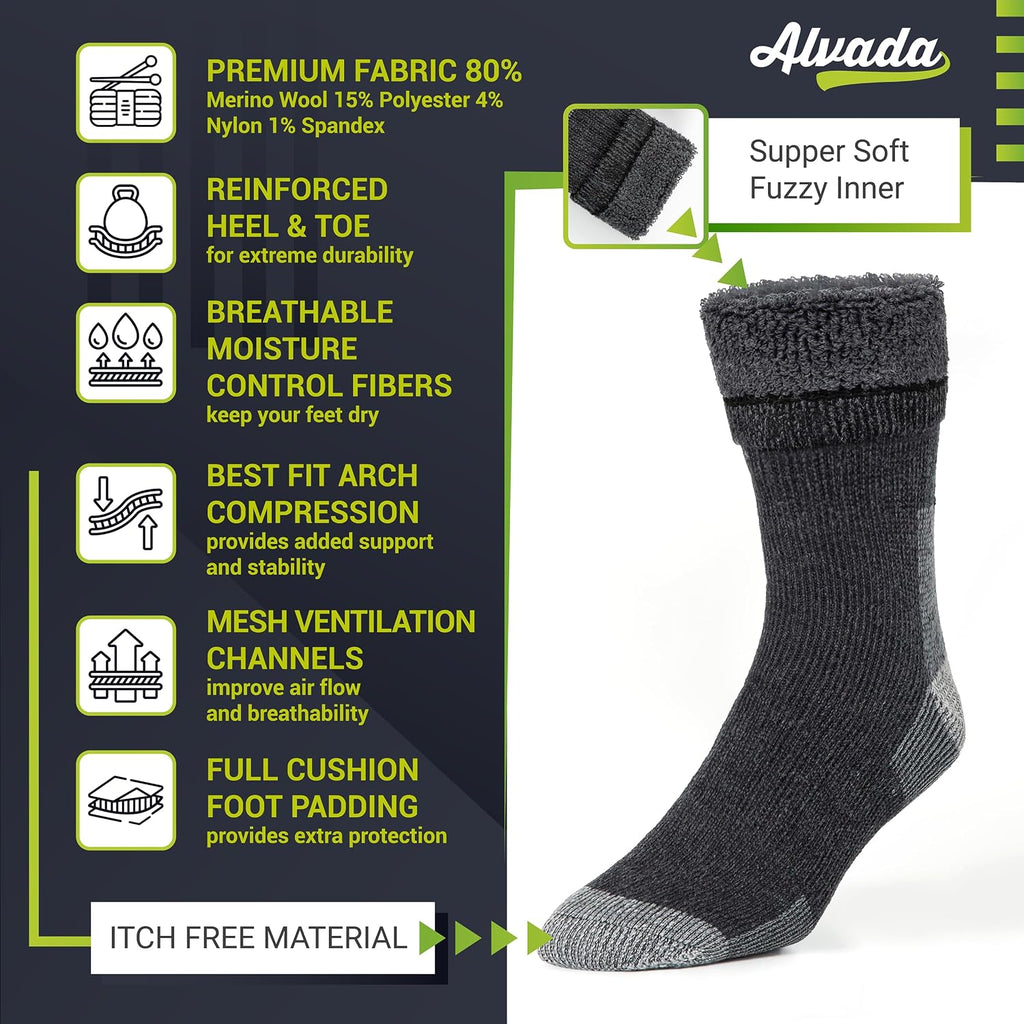Alvada Mens Merino Wool Crew Socks Thermal and Warm Socks for Winter Work Hiking Running 3 Pairs