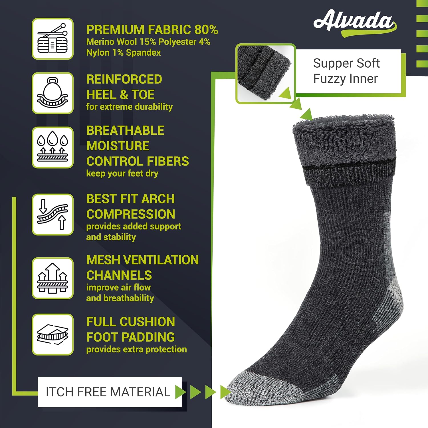 Alvada Mens Merino Wool Crew Socks Thermal and Warm Socks for Winter Work Hiking Running 3 Pairs