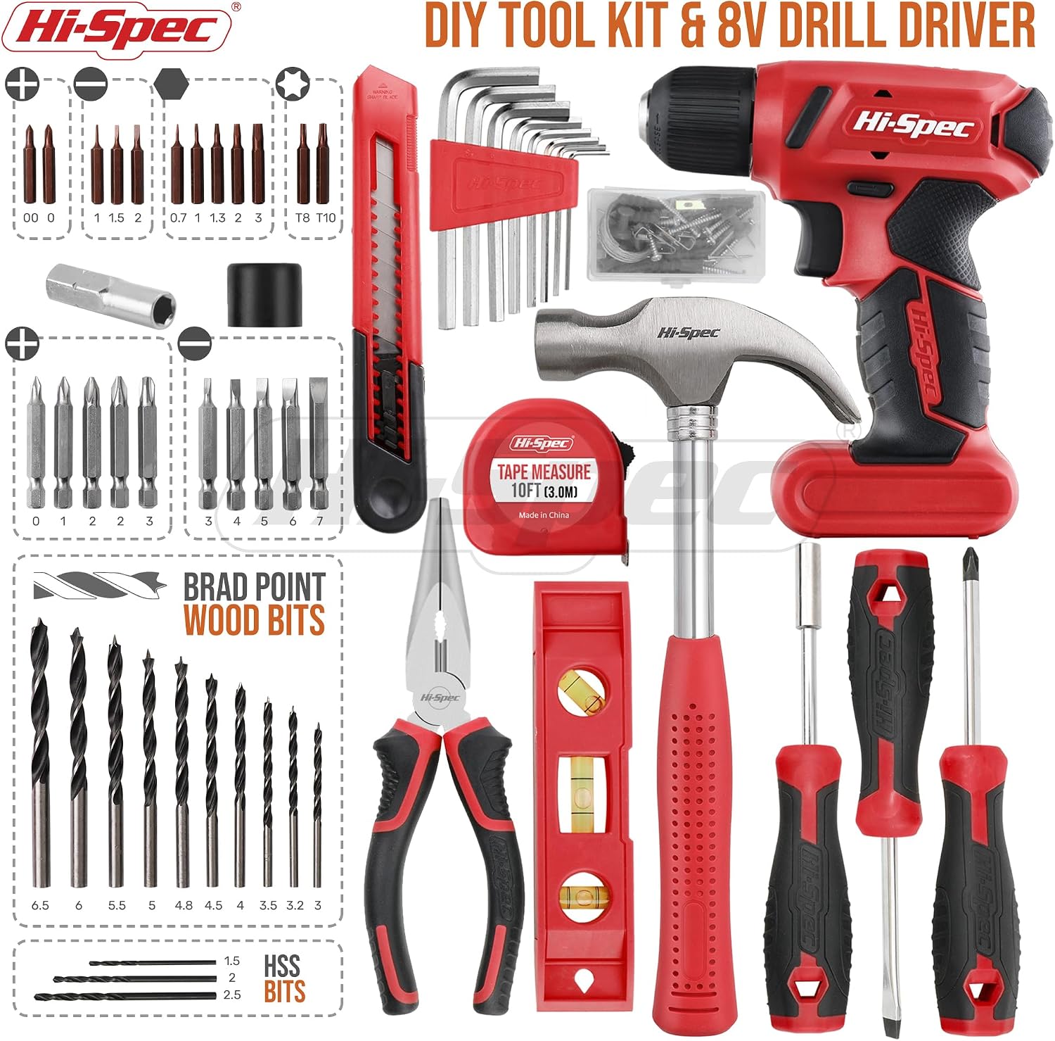 Hi-Spec 8V USB Cordless Drill Driver Home Tool Kit for Home DIY, Red