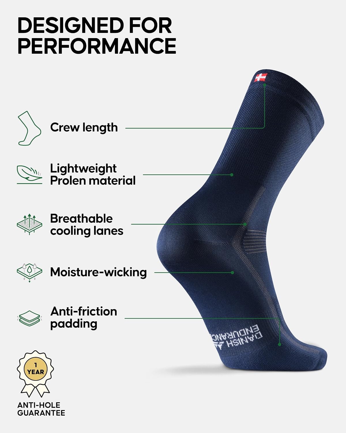 DANISH ENDURANCE Crew Cycling Socks, Fast-Dry & Cushioned, 3 & 5-Pack