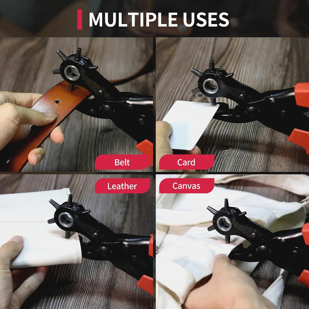 Revolving Punch Plier Kit, XOOL Leather Hole Punch Set for Belts, Watch Bands, Straps, Dog Collars, Saddles, Shoes, Fabric, DIY Home or Craft Projects, Heavy Duty Rotary Puncher, Multi Hole Sizes Make