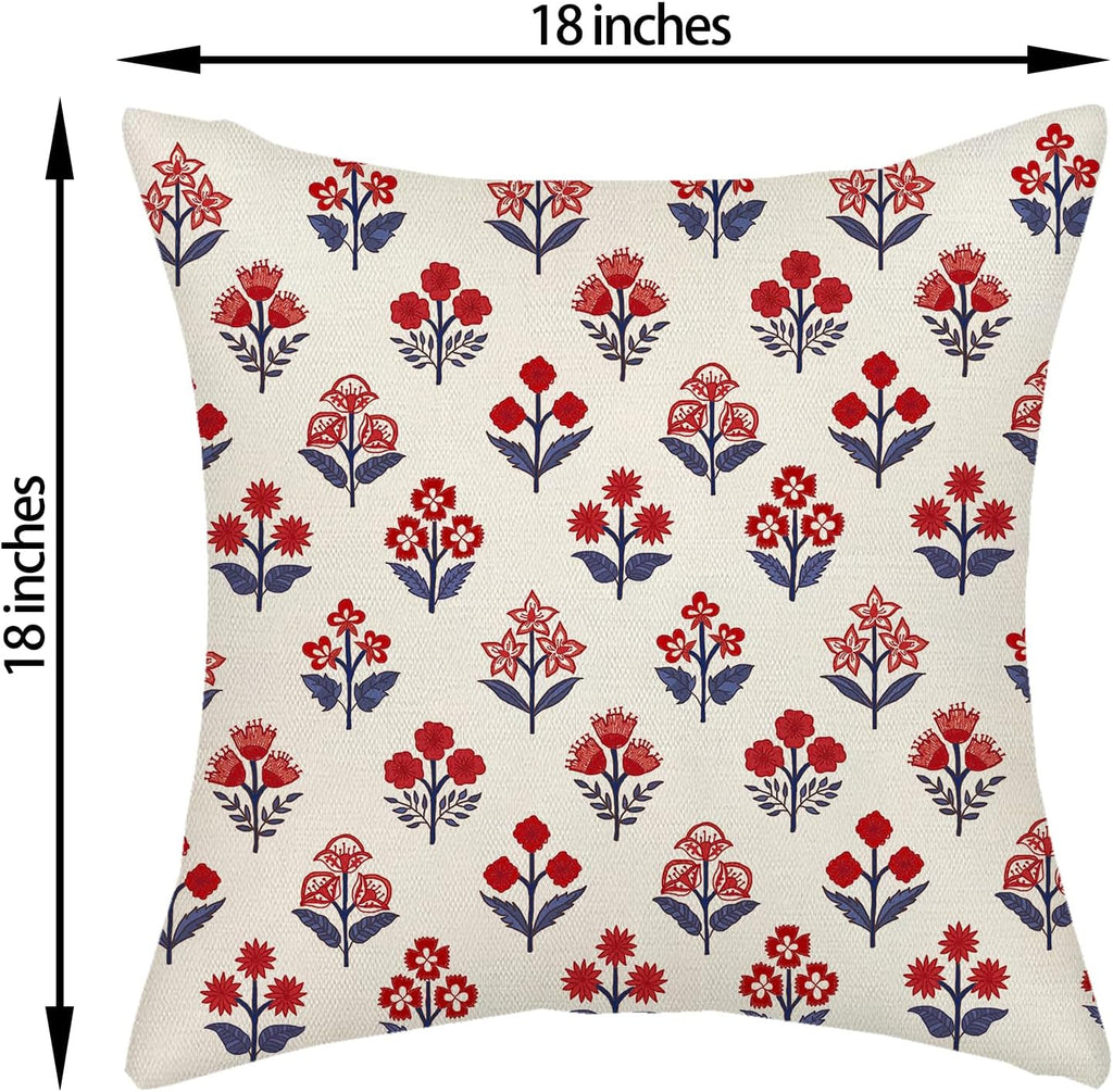 4th of July Pillow Covers 18x18 Inch 2 Pcs Red Blue Block Print Vintage Floral Patriotic Outdoor Decor Throw Pillows Memorial Day Holiday Decoration Pillowcase Linen Cushion Cover for Couch
