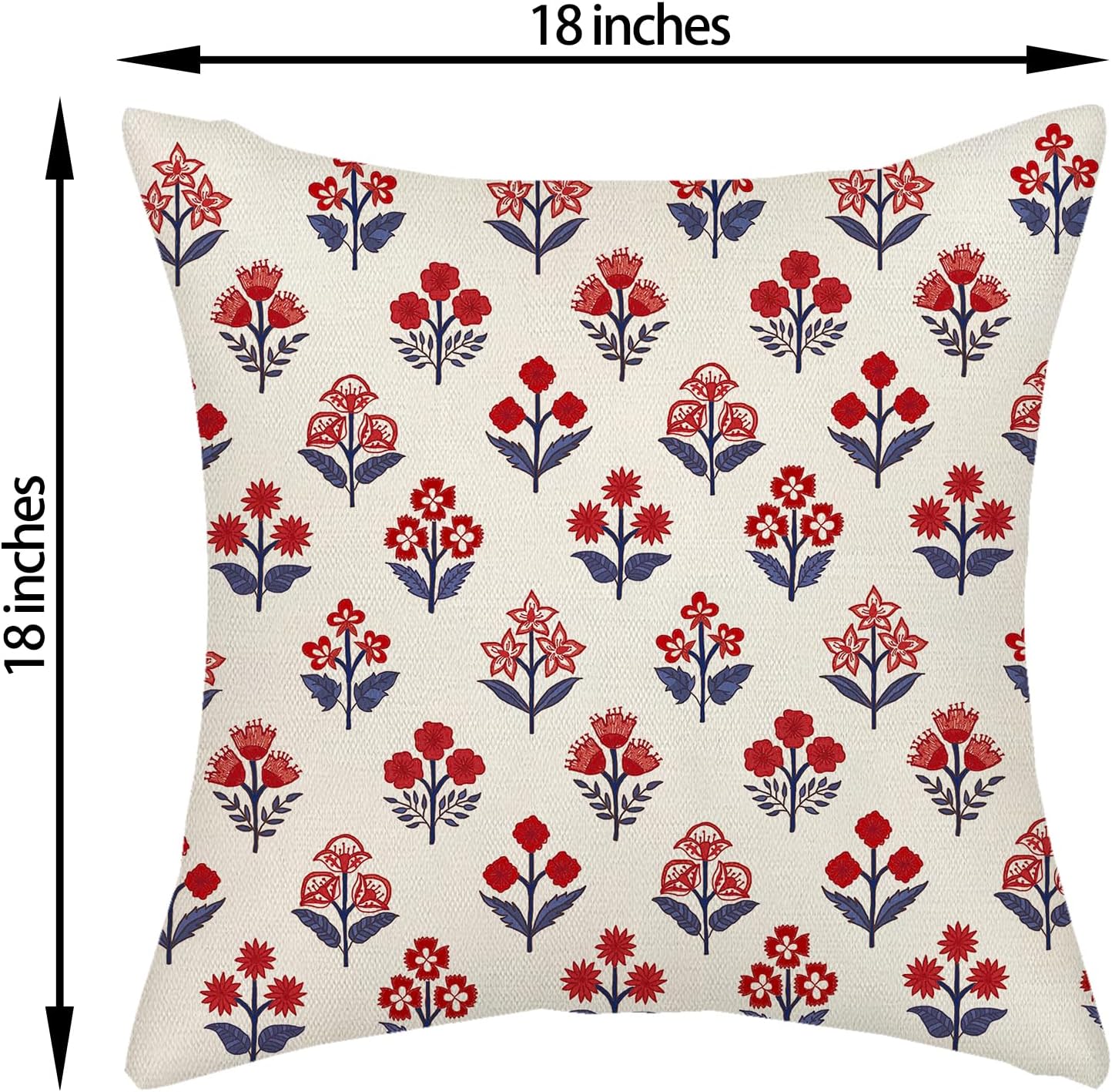 4th of July Pillow Covers 18x18 Inch 2 Pcs Red Blue Block Print Vintage Floral Patriotic Outdoor Decor Throw Pillows Memorial Day Holiday Decoration Pillowcase Linen Cushion Cover for Couch