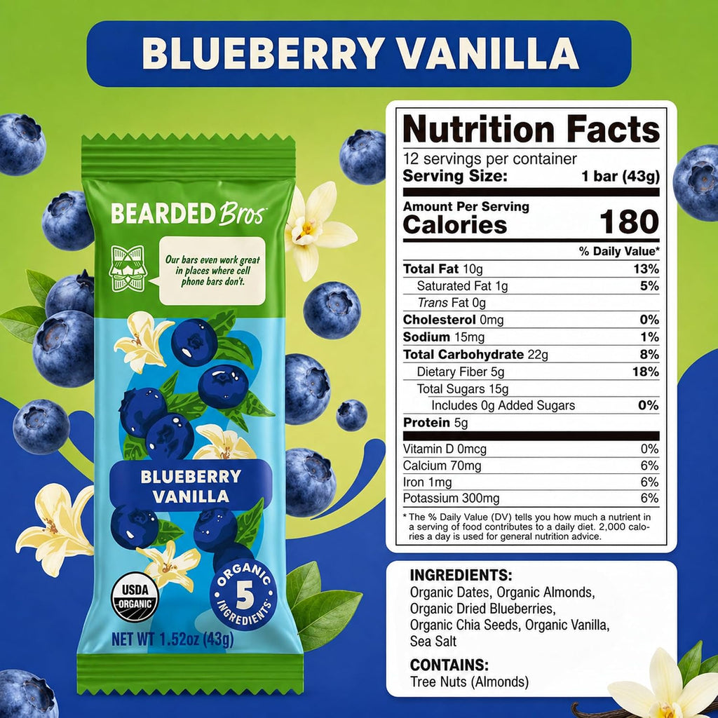 Bearded Brothers Organic Bars, Vegan Energy Bars Blueberry Vanilla 12 Count