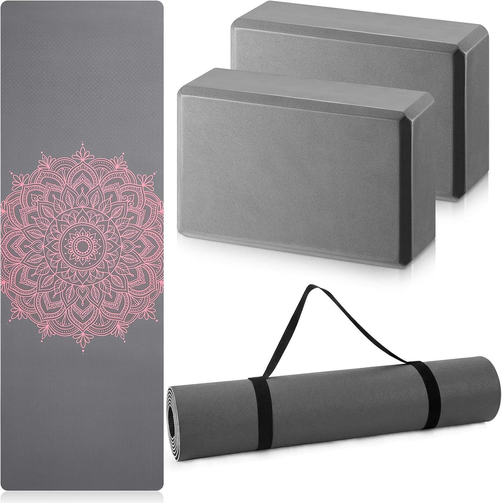 Tinideya 3 Pcs Yoga Mat and Blocks Set 6mm Non Slip Strap