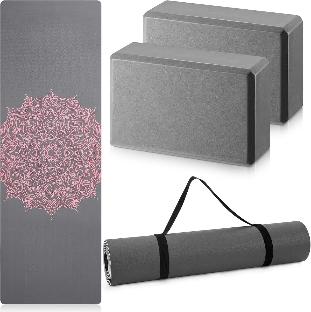 Tinideya 3 Pcs Yoga Mat and Blocks Set 6mm Non Slip Strap