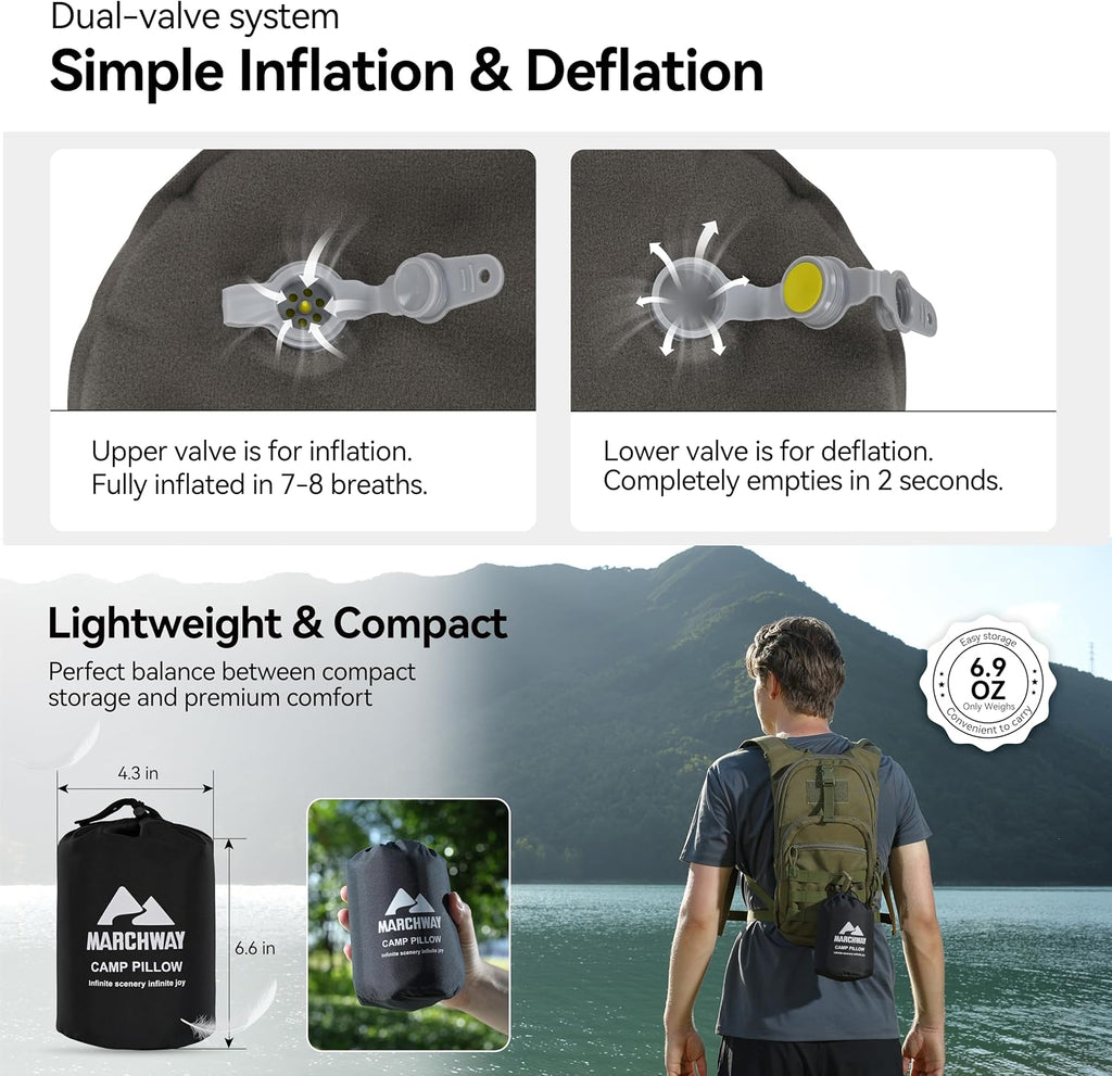 MARCHWAY Inflatable Camping Pillow with Soft Foam Top & TPU Air Bladder, Dual-Sided Support for All-Season, Lightweight Compact Travel Pillow for Hiking, Backpacking, Airplane, Car (Black)