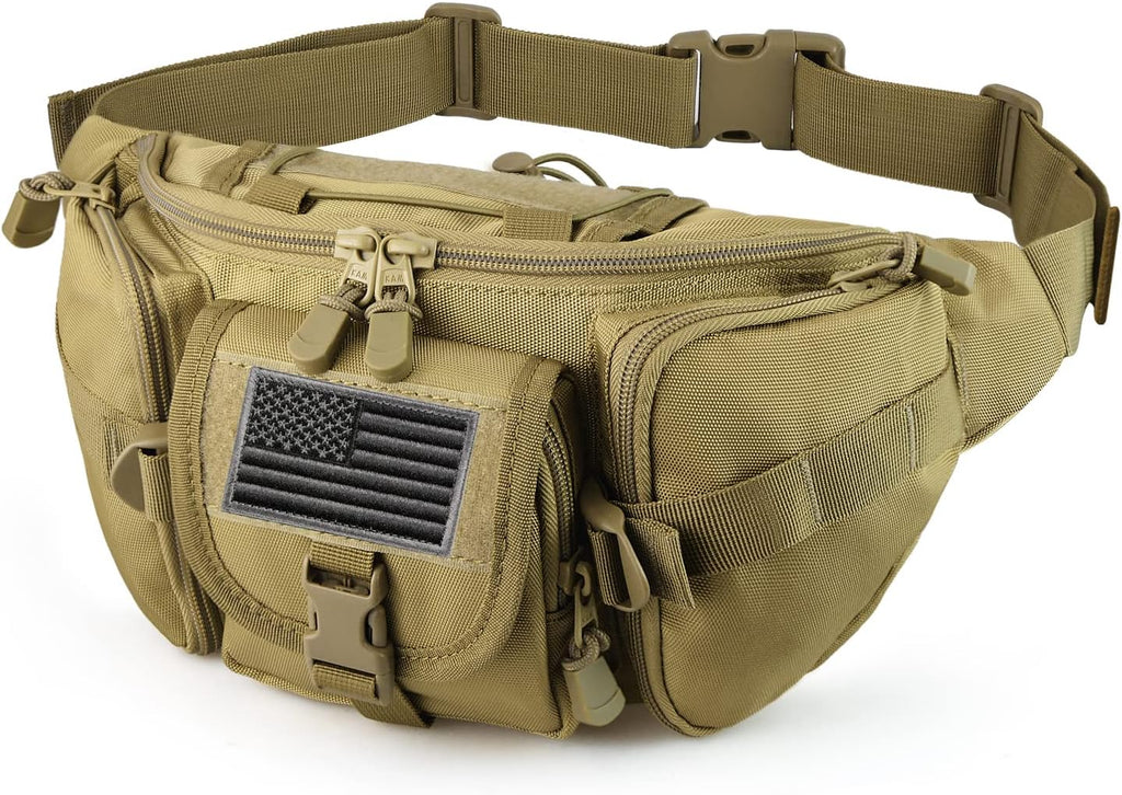FRTKK Tactical Fanny Pack Military Waist Bag Pack with USA Flag Patch Utility Hip Pack with Adjustable Strap for Outdoors Fishing Cycling Camping Hiking Dog Walking (Army green 2)