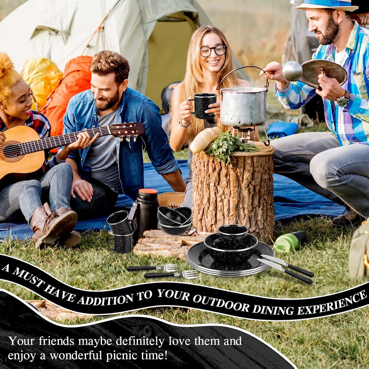 Nuogo 24 Pcs Camping Dinnerware Enamel Mugs Plates Bowls Utensils, Black
