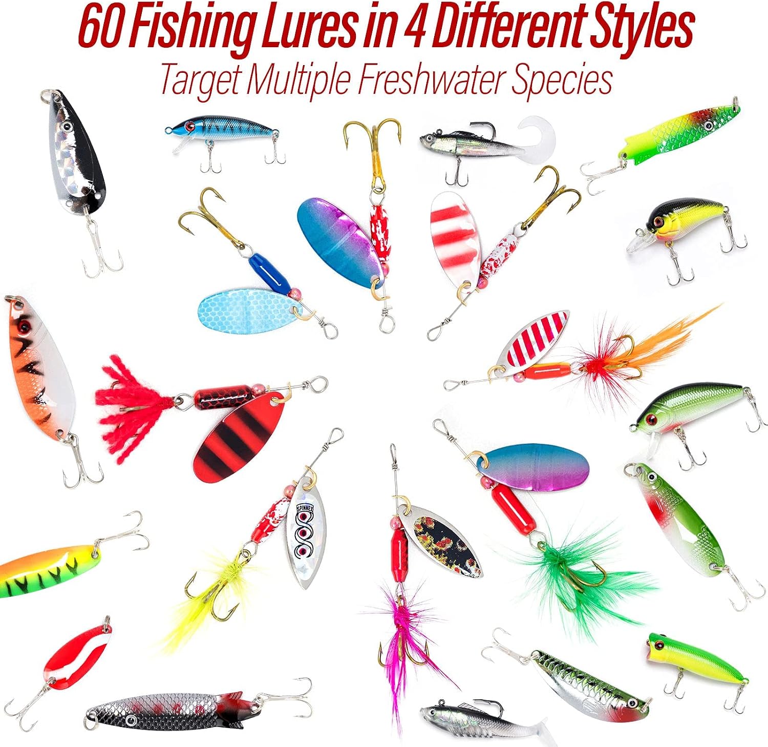 Dr.Fish Tackle Bag with 60 Fishing Lures Spinners Soft & Hard Baits