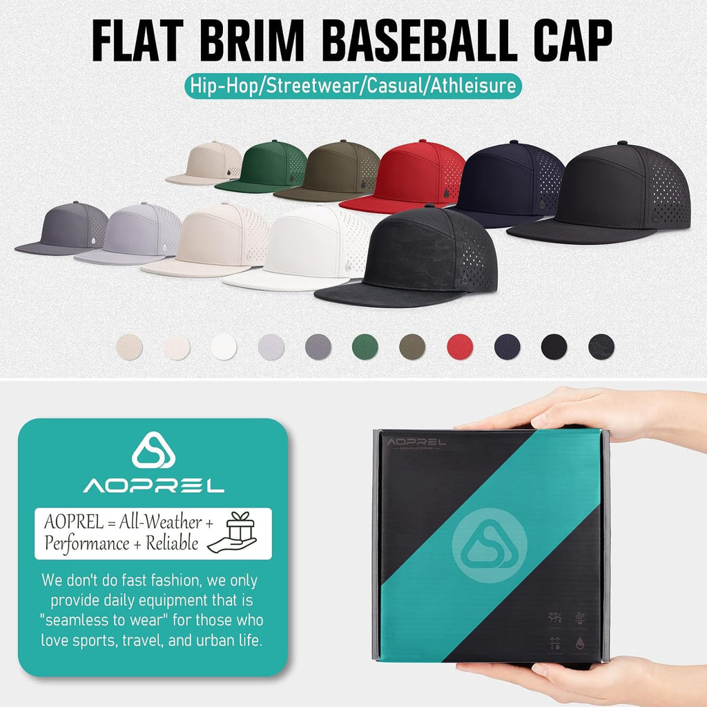 AOPREL Flat Brim Baseball Cap for Men Adjustable Water-Resistant Performance Hat with Breathable Laser Perforated