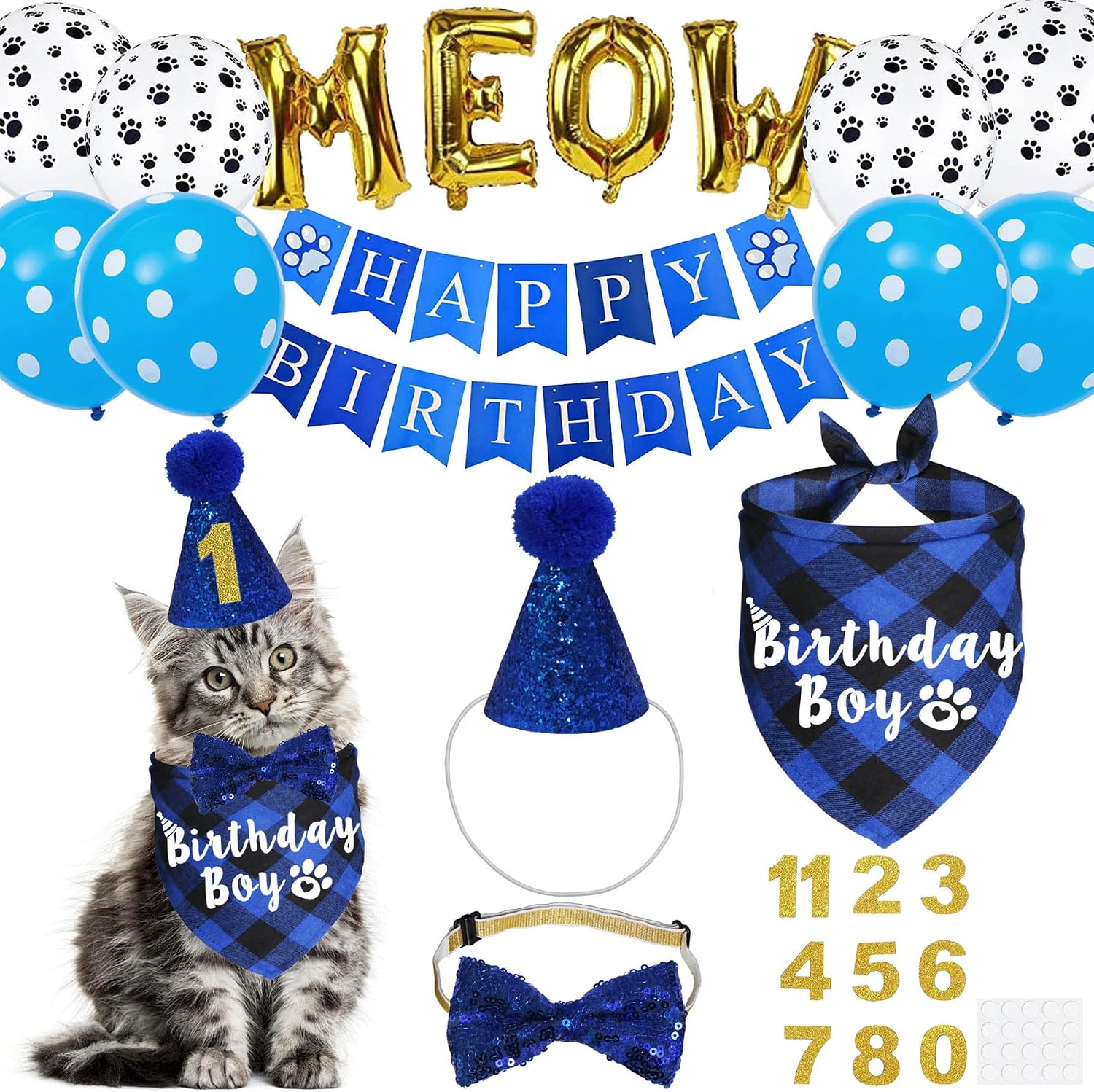 Cat Birthday Party Supplies, Cat Birthday Hat Crown with Number Bandana Bow Tie Banner Balloons Meow Balloons for Cats Kittens Decorations