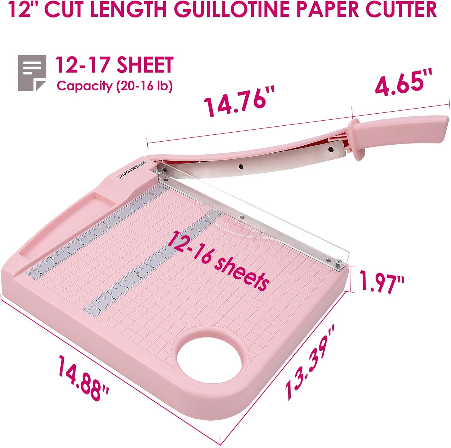 12" Paper Cutter, Precision Cut with Safety Protection and Blade Lock, 12 Sheet Capacity, Great for Cardstock, Cardboard, Photo, Vinyl, Crafts, Scrapbook (Pink)