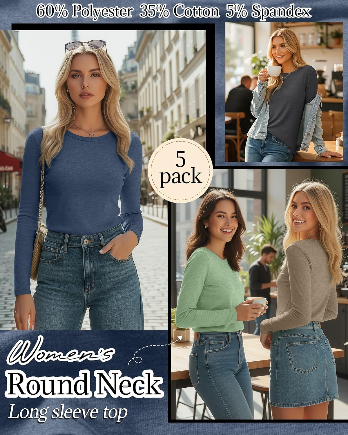 Huukeay 5 Pack Women's Crew Neck Long Sleeve Shirts