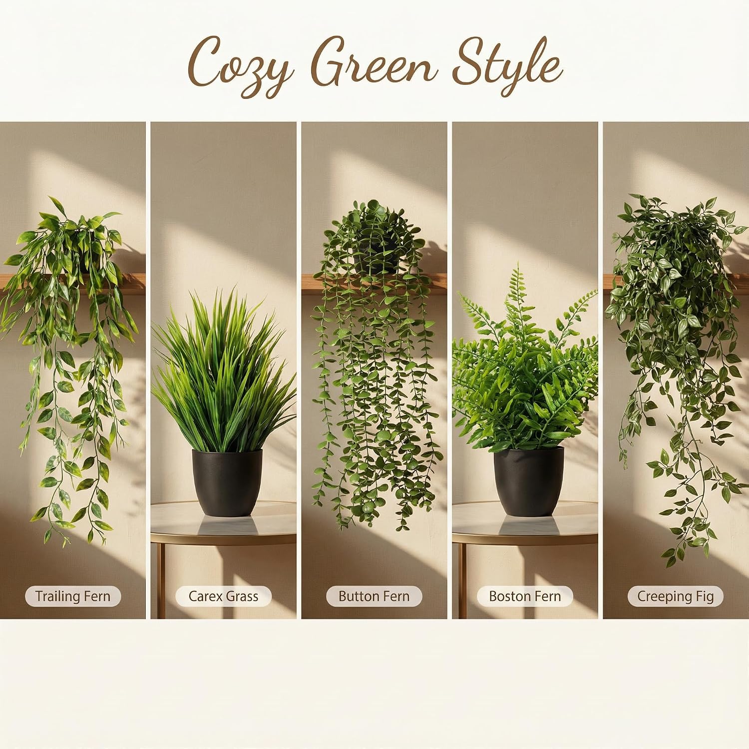 5 Pack Fake Plants - Artificial Hanging Plants & Small Potted Faux Eucalyptus Fern Ivy, UV Resistant Maintenance-Free, for Shelf Wall Desk Home Office Bathroom Indoor Outdoor Decor