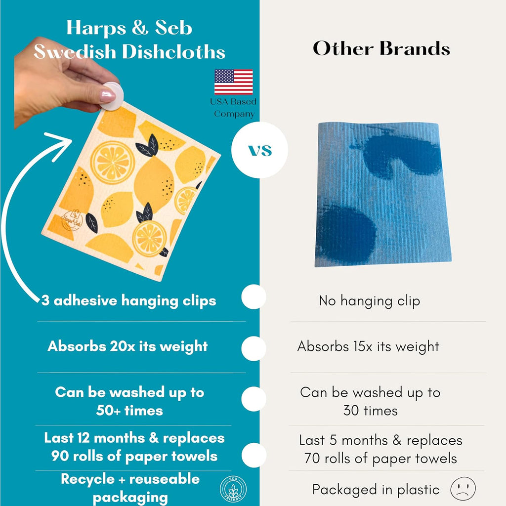 Harps&Seb Swedish Dishcloths for Kitchen Dishcloths - 6 Pack, Reusable Paper Towels with Clips, Super Absorbent Washable Non-Scratch Swedish Dish Towels, No Odor, Biodegradable