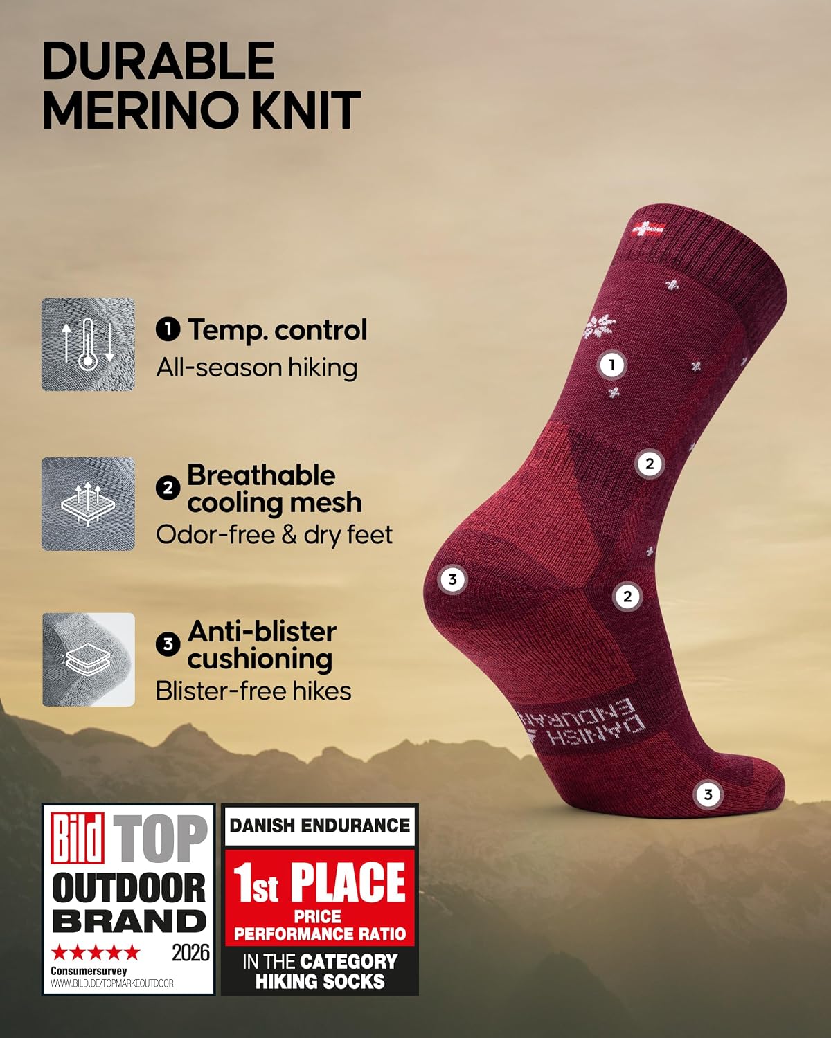 DANISH ENDURANCE Hiking Socks, Merino Wool, Anti-Blister, 3 & 5-Pack