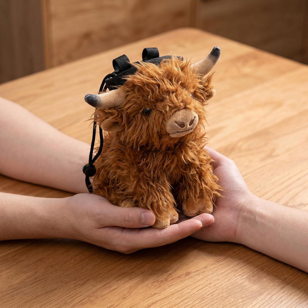 Highland Cow Plush Rock Climbing Chalk Bag, Cute Plush Animal，Drawstring Closure & Adjustable Belt，Bouldering & Gymnastics, Soft Fluffy Cow Chalk Pouch, Unique Climbing Gear Gift for Climbers