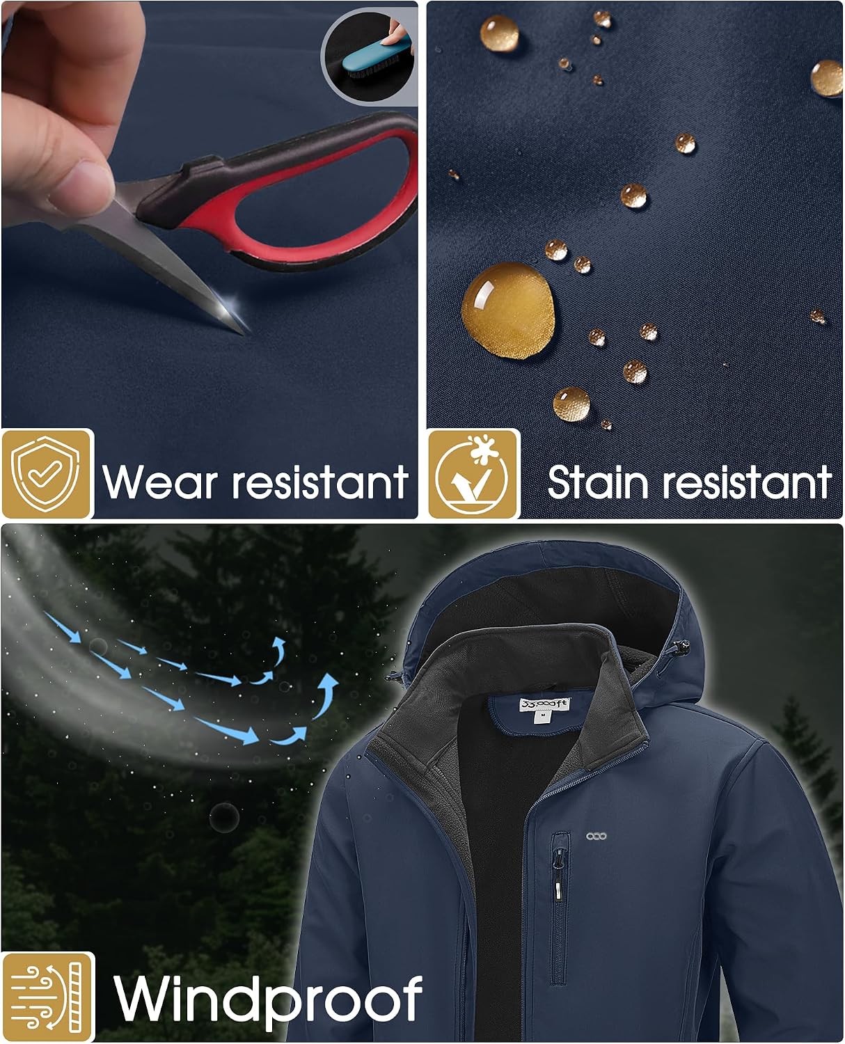 33,000ft Men's Hooded Softshell Jacket Waterproof Fleece Windbreaker Jacket