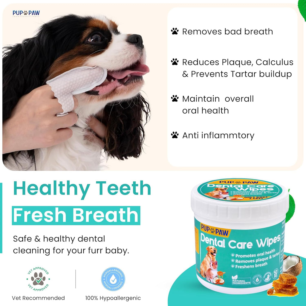 Vet Recommended Dog & Cat Dental Wipes - Freshens Breath - Easy Daily Oral Care - Dog Tooth Brushing Kit - Dental Finger Wipes for Pets - 50 Count