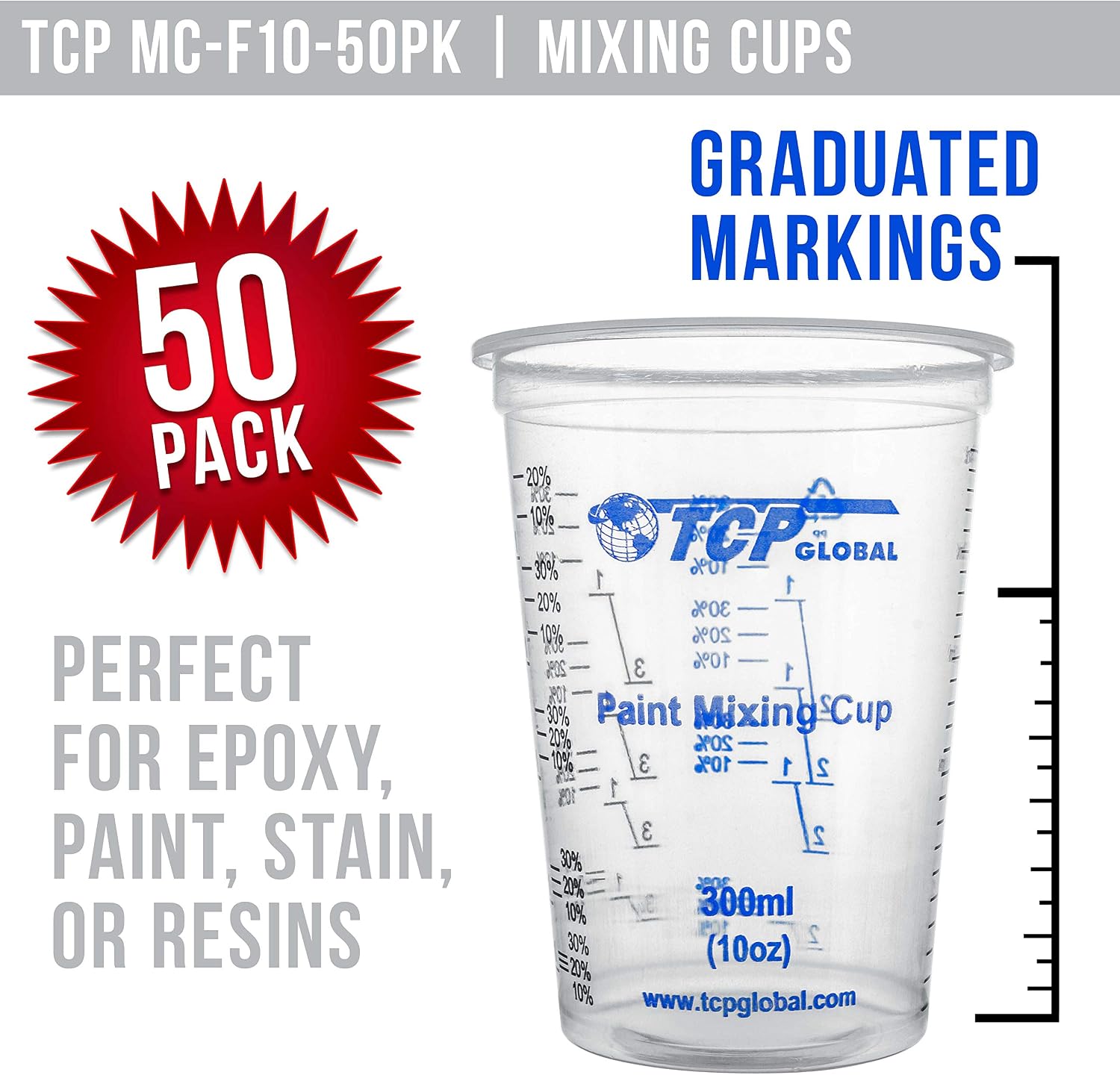 TCP Global 10 oz. (300ml) Graduated Plastic Mixing Cups - Box of 50
