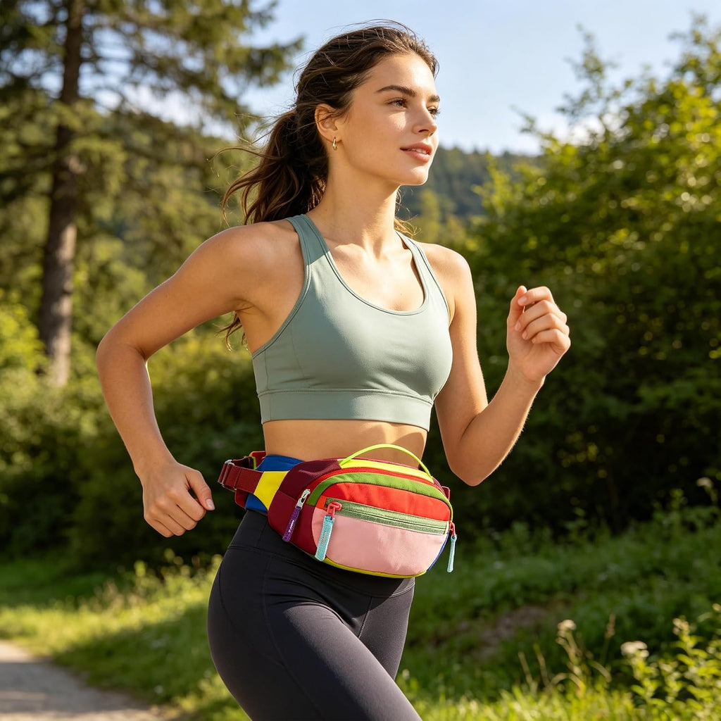 Retro Fanny Pack for Women Men Hiking Waist Packs 2 Pockets Color-blocking Belt Bags for Festival 80s 90s Theme Party Running Traveling (Pink)