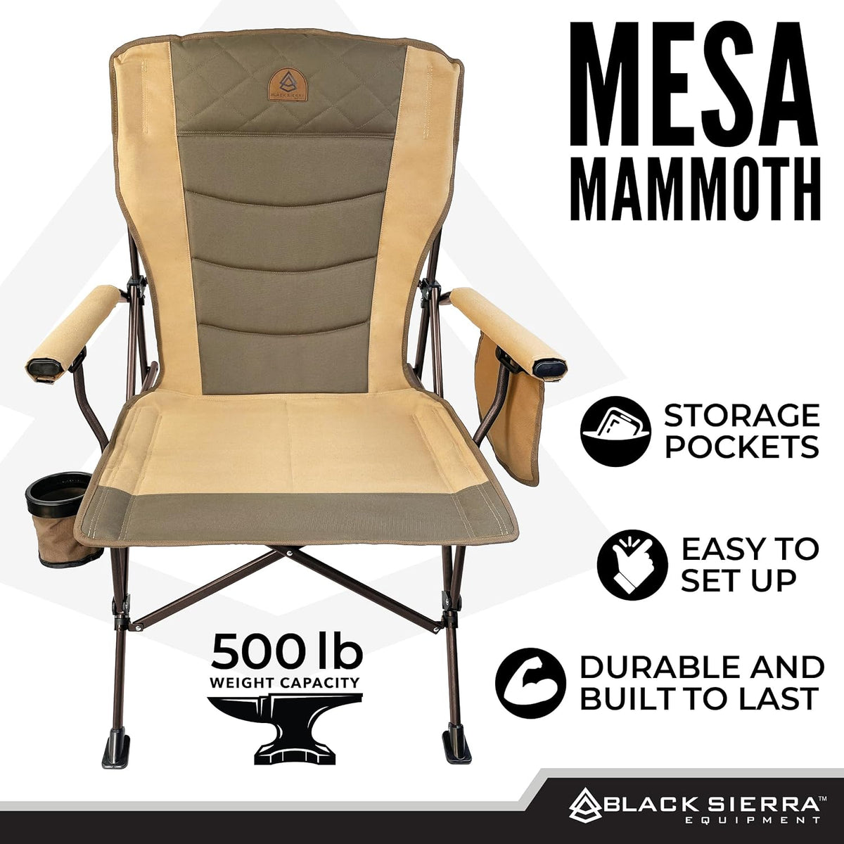 Black Sierra Oversize High Back Camping Chair for Adults, Supports 500 lbs, XL Heavy Duty Portable Folding Chair for Heavy People, Steel Frame Padded Outdoor Seat with Cup Holder and Carry Bag
