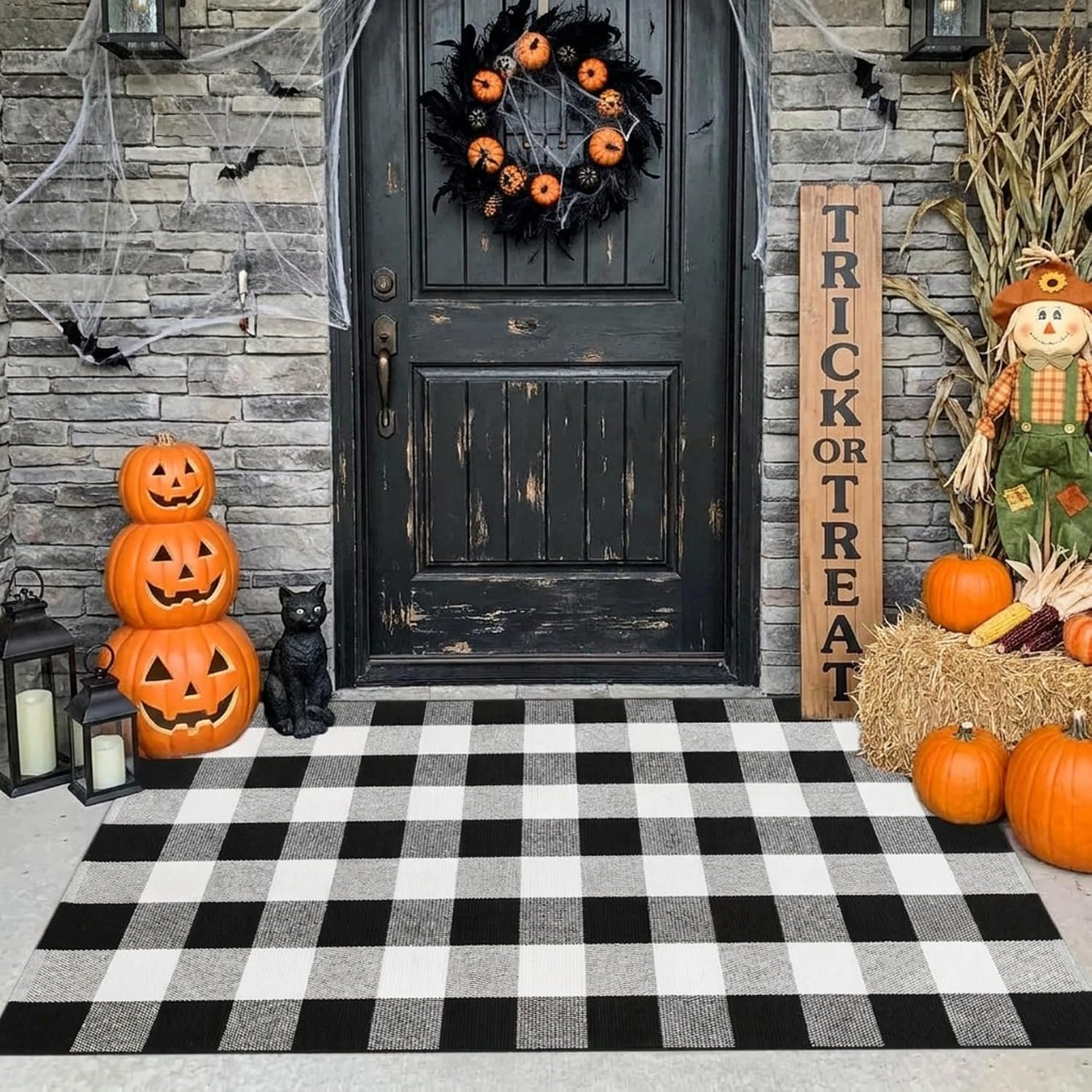 MUBIN Fall Decor Cotton Buffalo Plaid Rug, 3' x 5' Black and White Outdoor Rug Front Door Decorative Mat, Washable Doormat Foldable Area Rug Layered Door Mats Rug for Front Porch, Entryway, Patio