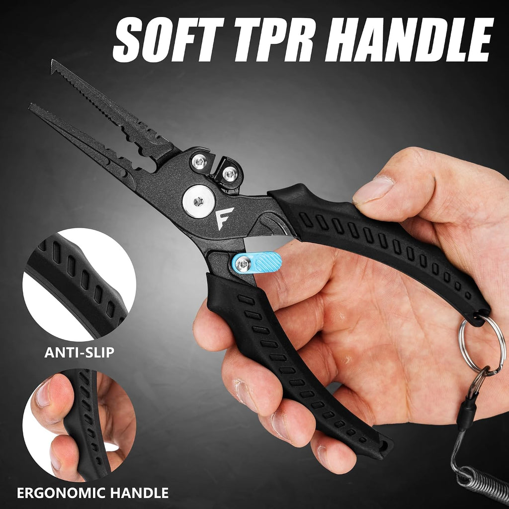 FLISSA Fishing Pliers, Safety Lock Design Fish Pliers Saltwater, Aluminum Hook Remover, Titanium 6Al-4V Jaw and Tungsten Carbide Line Cutters, Sheath & Lanyard, Fishing Gear Gifts for Men