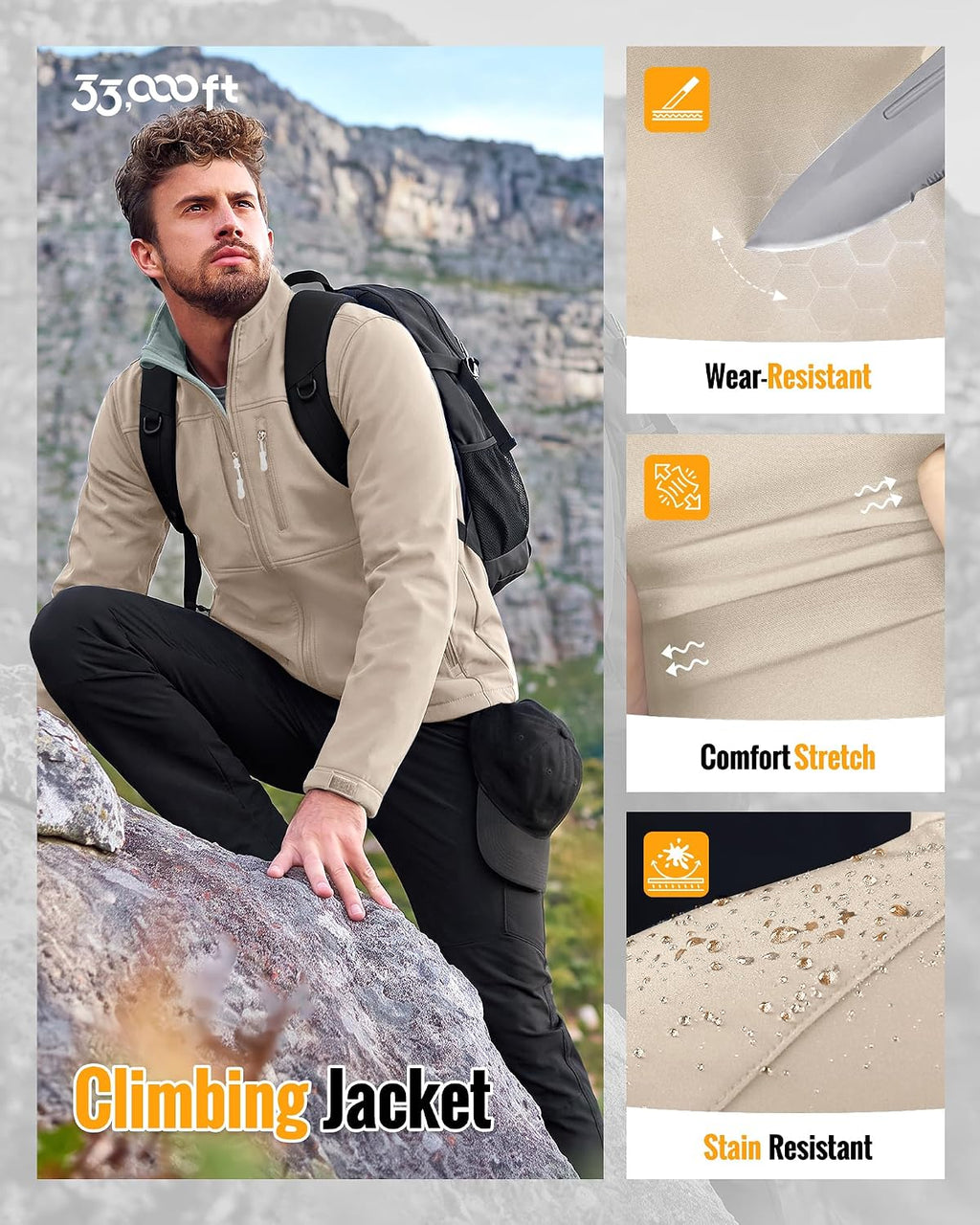 33,000ft Men's Lightweight Softshell Jacket Fleece Waterproof Windbreaker