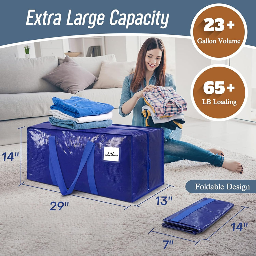 6 Pack Extra Heavy Duty Large Moving Bags with Strong Zipper, Blue