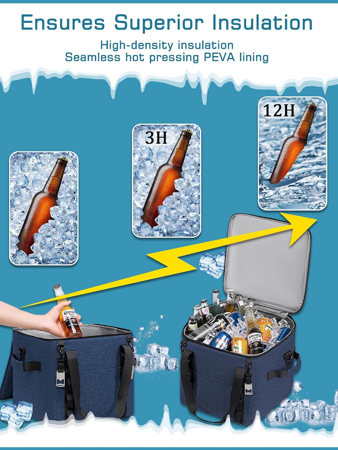 Insulated Soft Cooler Bag 12"x12"x12" Large Leakproof Soft Sided Ice Chest for Travel Beach Camping, 50 Cans Portable Cooler Box for Grocery Shopping, Road Trips