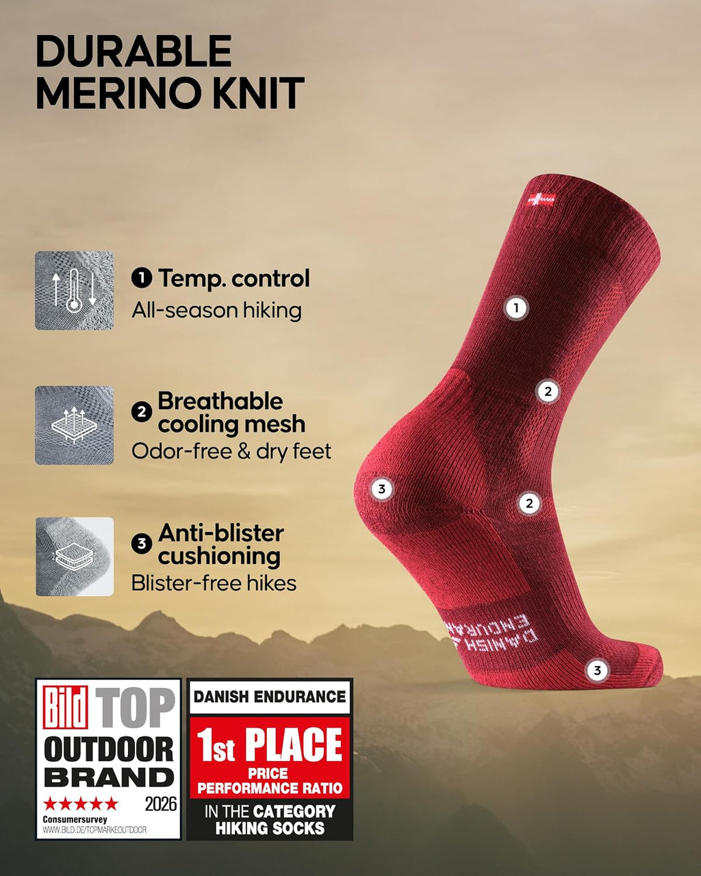 DANISH ENDURANCE Hiking Socks, Merino Wool, Anti-Blister, 3 & 5-Pack
