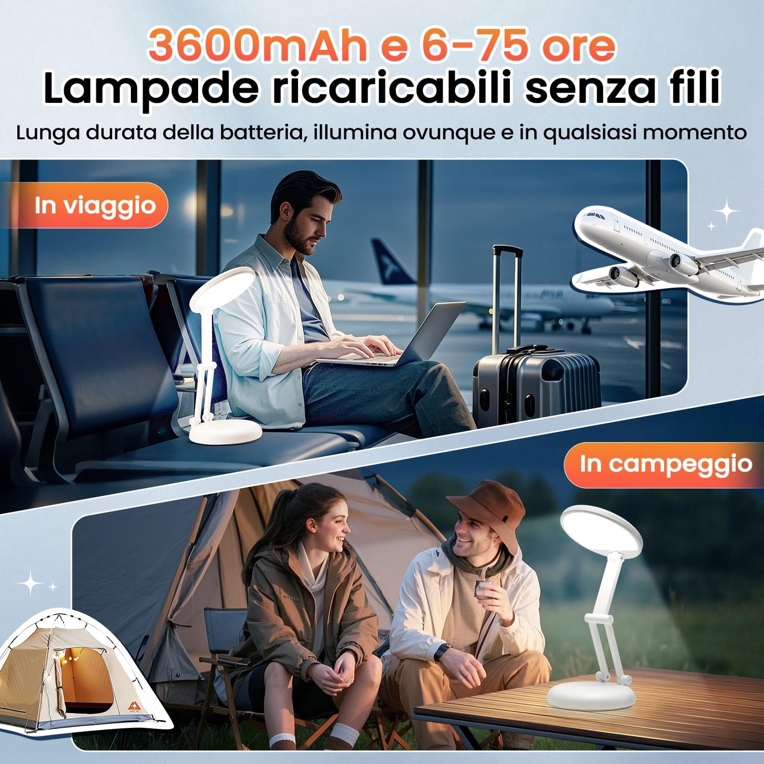 Battery Battery Operated Cordless Rechargeable Lamp - 3600mAh 10 Brightness Wireless LED Desk Table Lamp, Small Mini Portable Battery Powered Light for Home Office, Reading, Nail Light